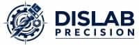 DISLAB Precision company logo featuring a dark navy circular emblem with a precision gear, compass, drafting pen, and hexagon nut icon, paired with the bold wordmark "DISLAB" above the spaced "PRECISION" tagline