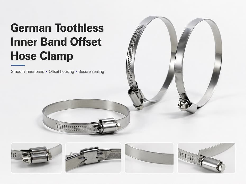 German type toothless hose clamps with smooth inner bands and offset housings