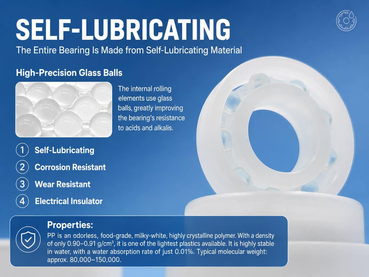 DISLAB PRECISION PP plastic ball bearing with self-lubricating glass balls for corrosive applications
