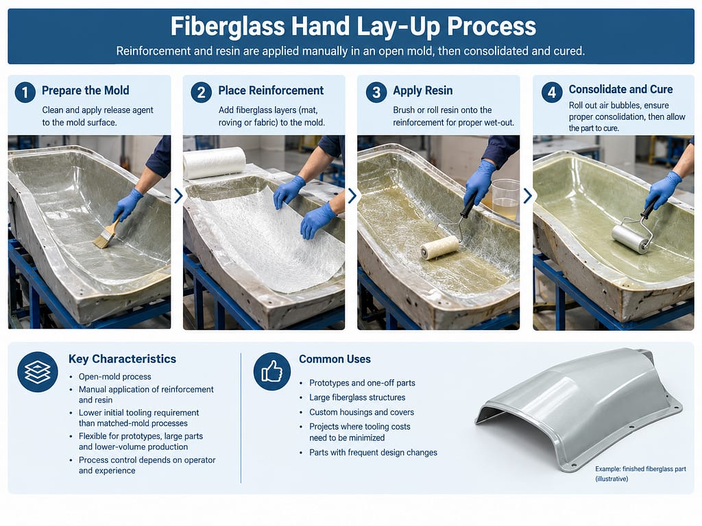 Fiberglass hand lay-up process with reinforcement, resin application and roller consolidation