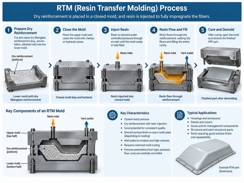 RTM resin transfer molding with closed mold, dry fiberglass preform, resin inlet and vent outlet