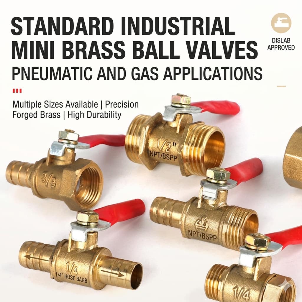 Standard industrial mini brass ball valves for pneumatic and gas applications, precision forged with NPT/BSPP threads.