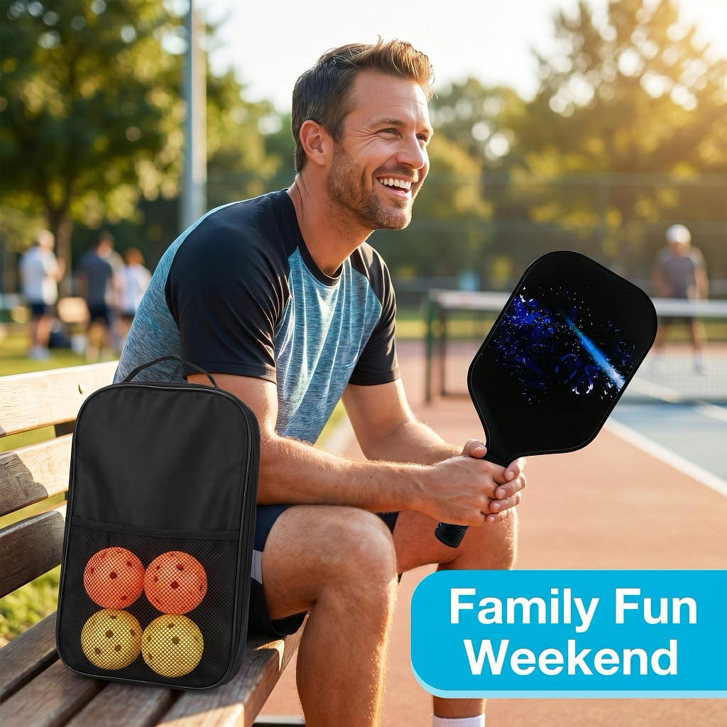 Smiling man holds blue cosmic design pickleball paddle beside carry bag with pickleballs on outdoor court bench