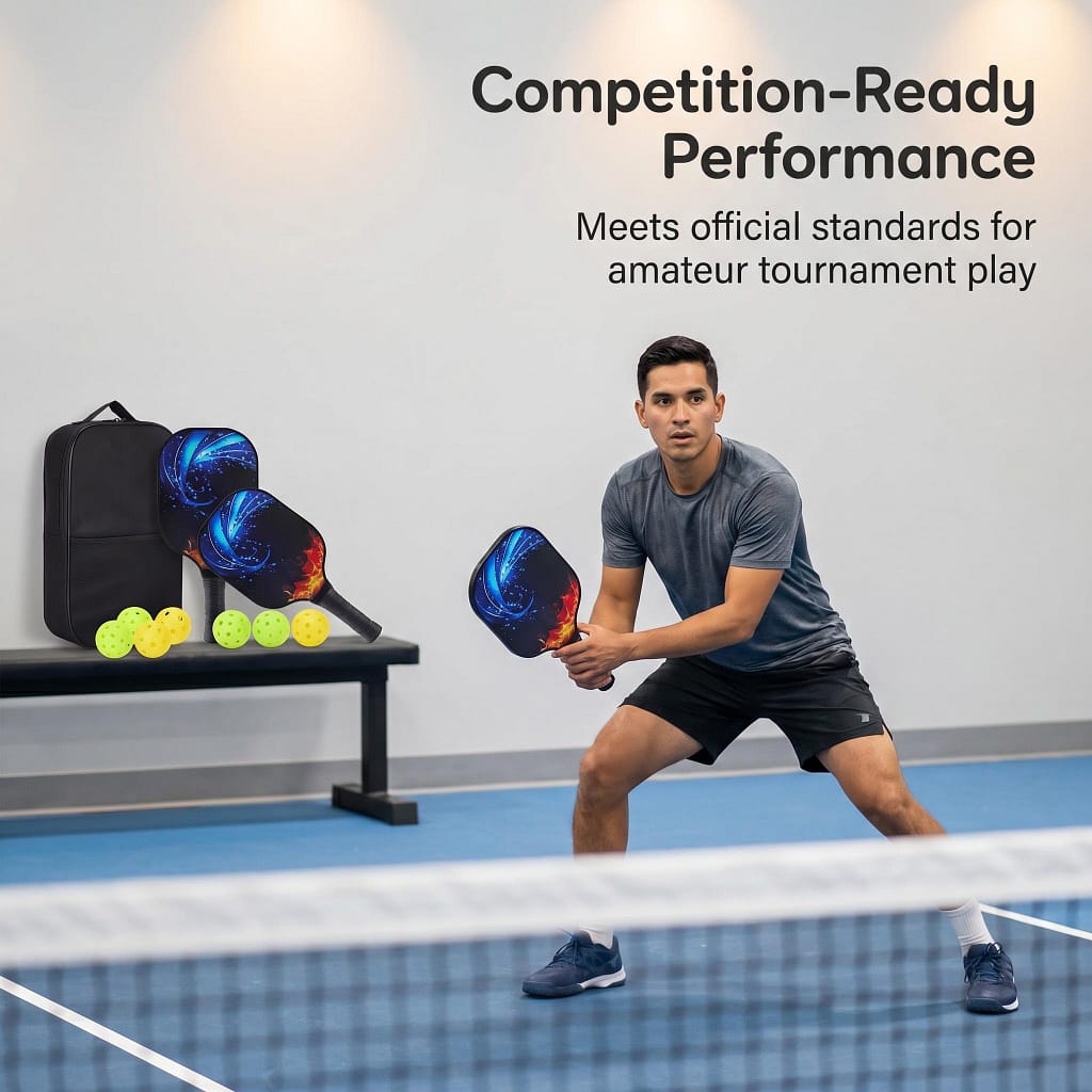 Male athlete preparing pickleball stroke on indoor blue court, NorthwardGlow fire-water pickleball set resting on sideline bench, text 'Competition-Ready Performance, Meets official standards for amateur tournament play'