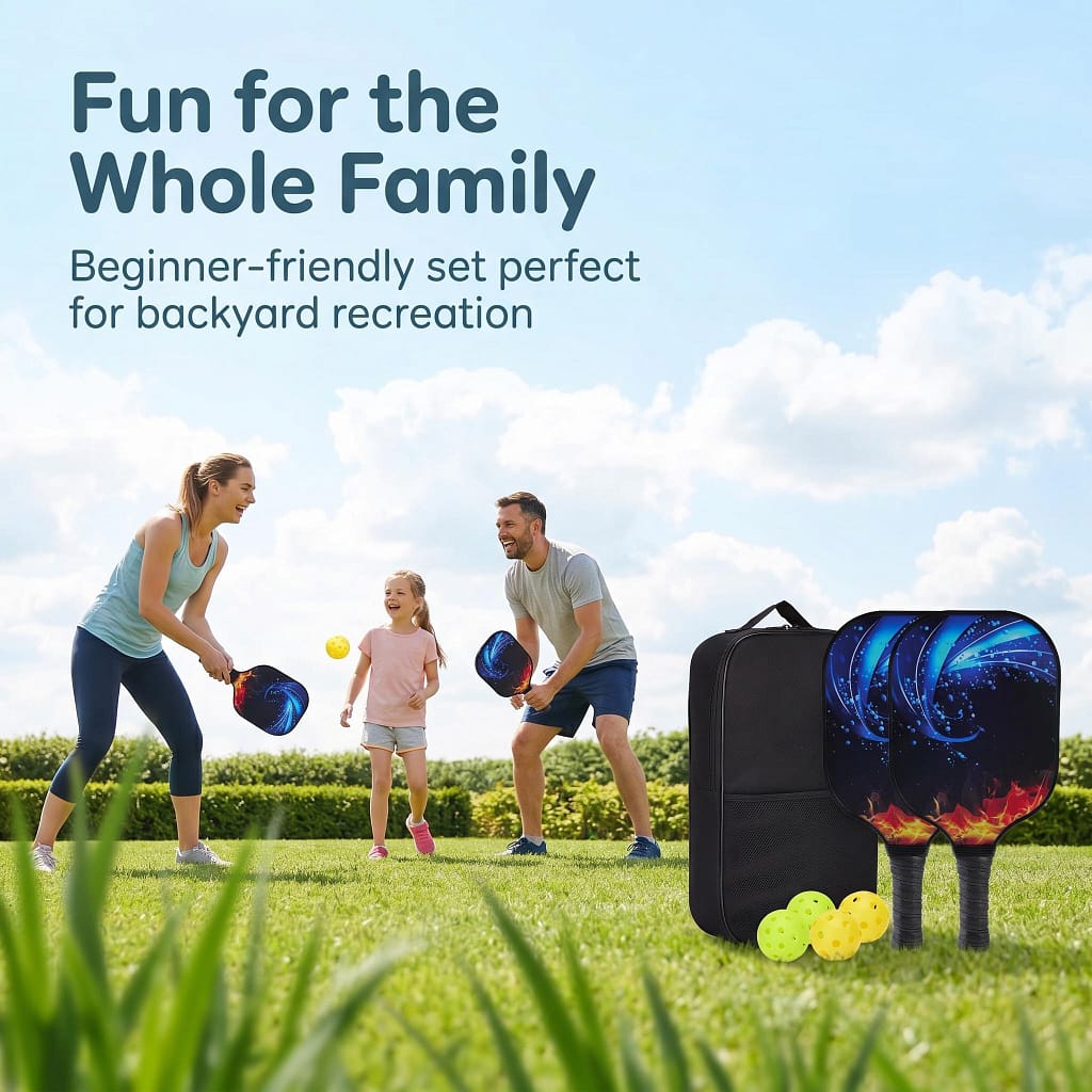 Family enjoying casual pickleball play in green backyard lawn, with NorthwardGlow fire-water themed pickleball set placed nearby, text overlays 'Fun for the Whole Family' and beginner-friendly recreational description