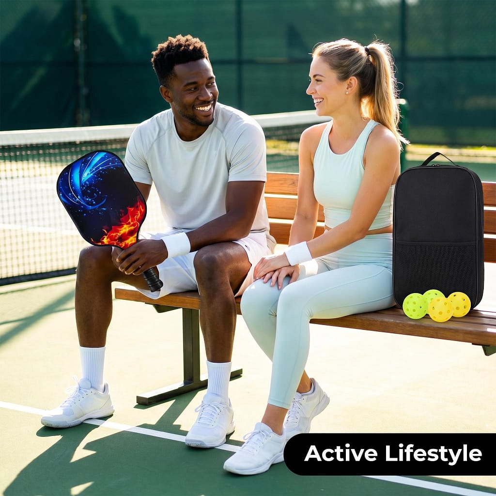 Couple relaxing on pickleball court bench with NorthwardGlow fire-water paddle set, active lifestyle theme with 'Active Lifestyle' text overlay