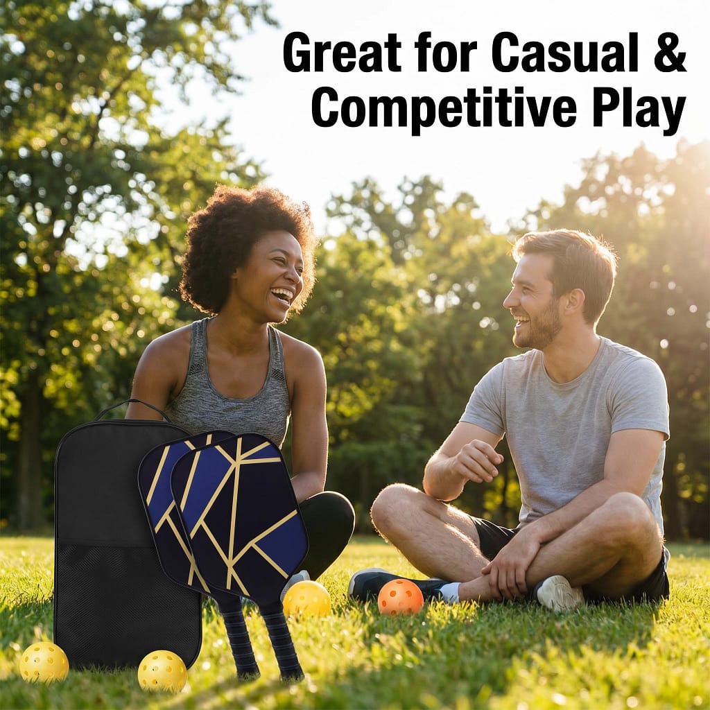 Two smiling people outdoors with blue-gold geometric pickleball paddle set, balls and carry bag
