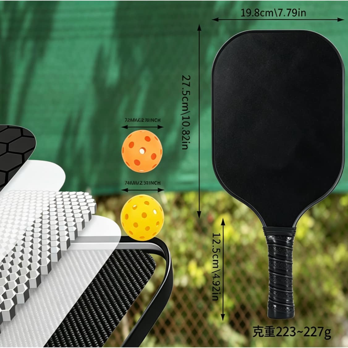 NorthwardGlow pickleball paddle technical specifications diagram showing dimensions, weight and layered structure