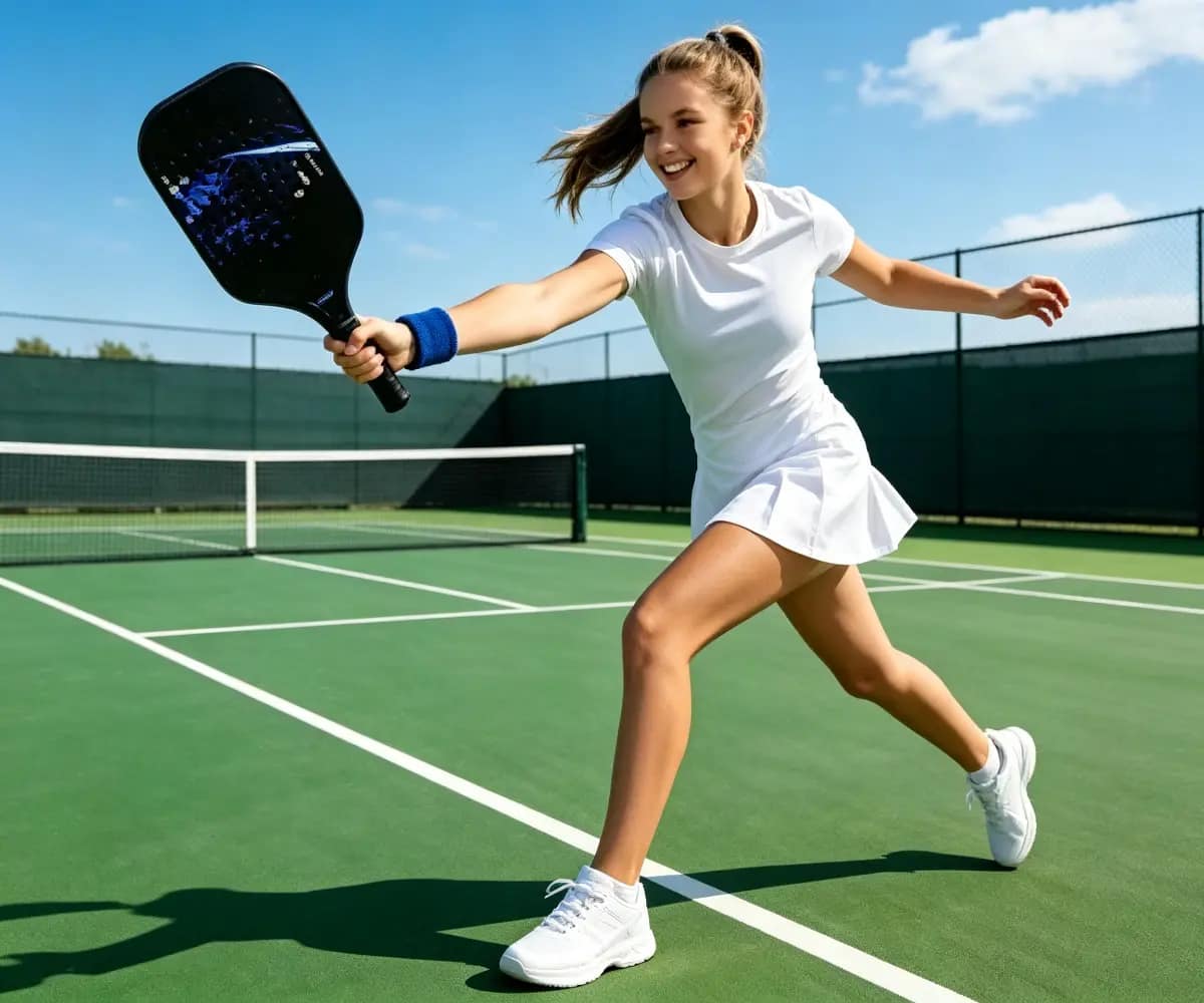Young woman playing pickleball outdoors, swinging NorthwardGlow starry sky paddle on a sunny court