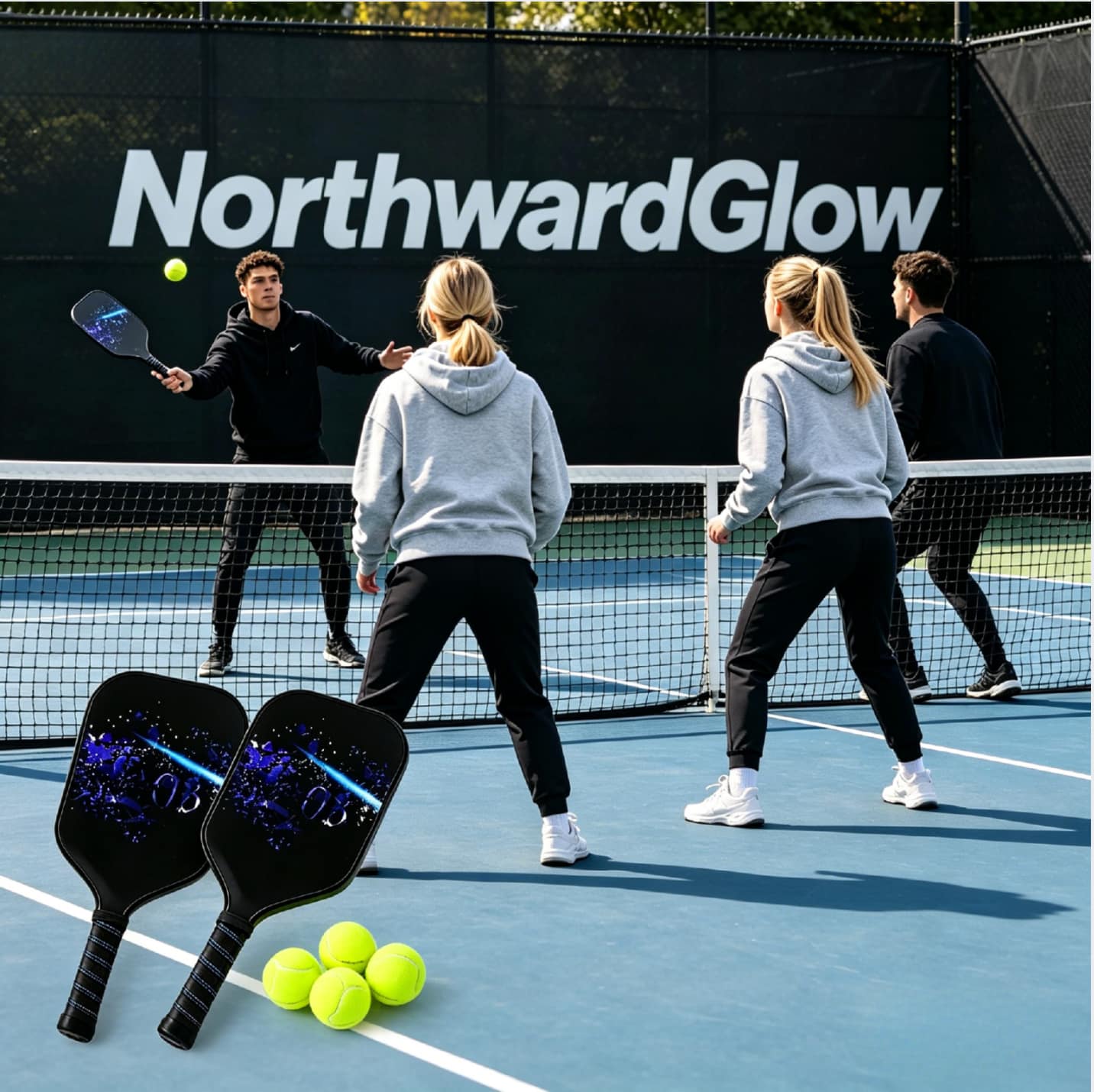 Group of people playing pickleball outdoors with NorthwardGlow starry sky paddles and pickleballs