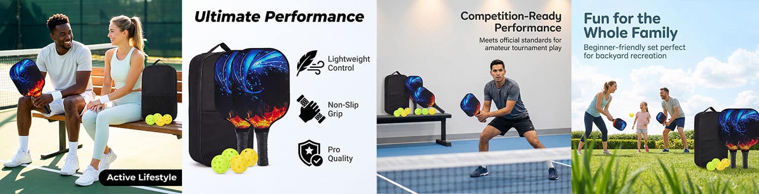 Pickleball paddle set feature banner showing lightweight control, non-slip grip, pro quality, competition-ready and family-friendly use