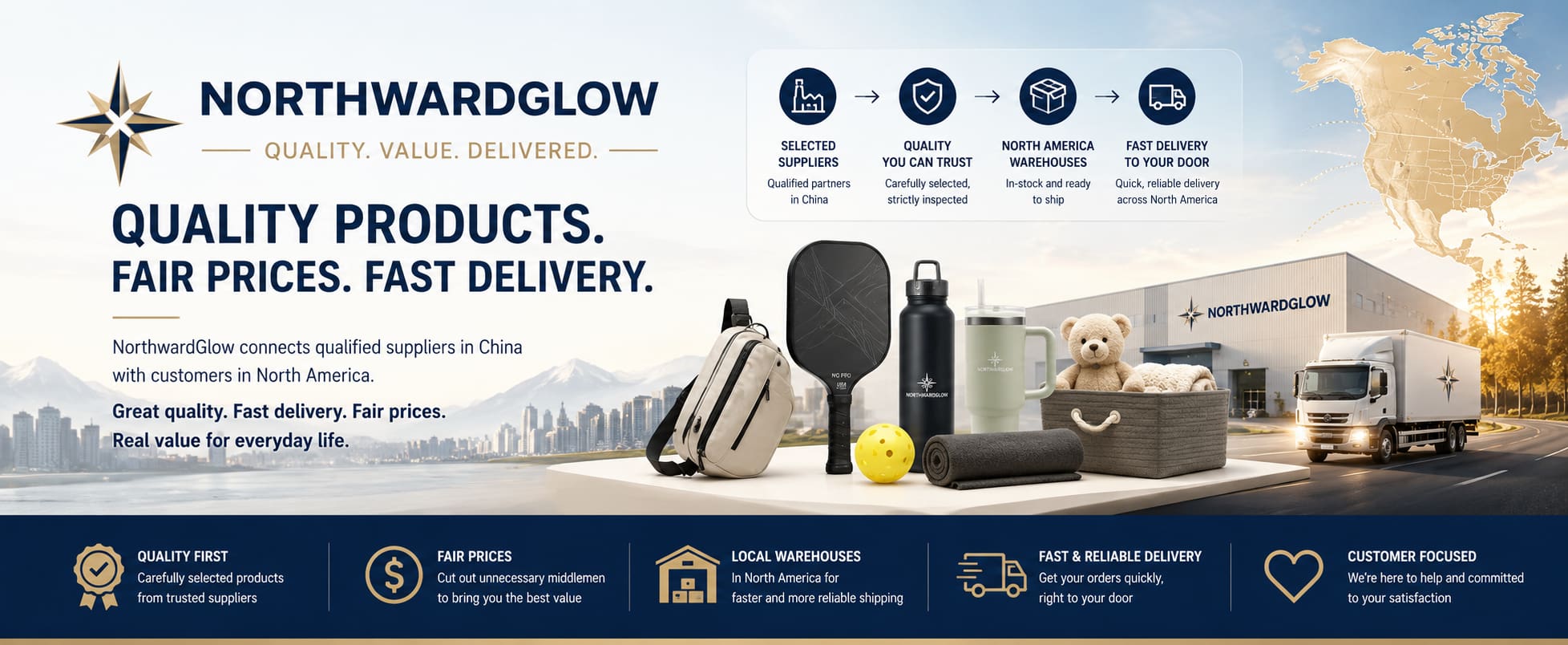 NorthwardGlow cross-border brand banner featuring supply chain, quality goods, North America warehouse and fast delivery