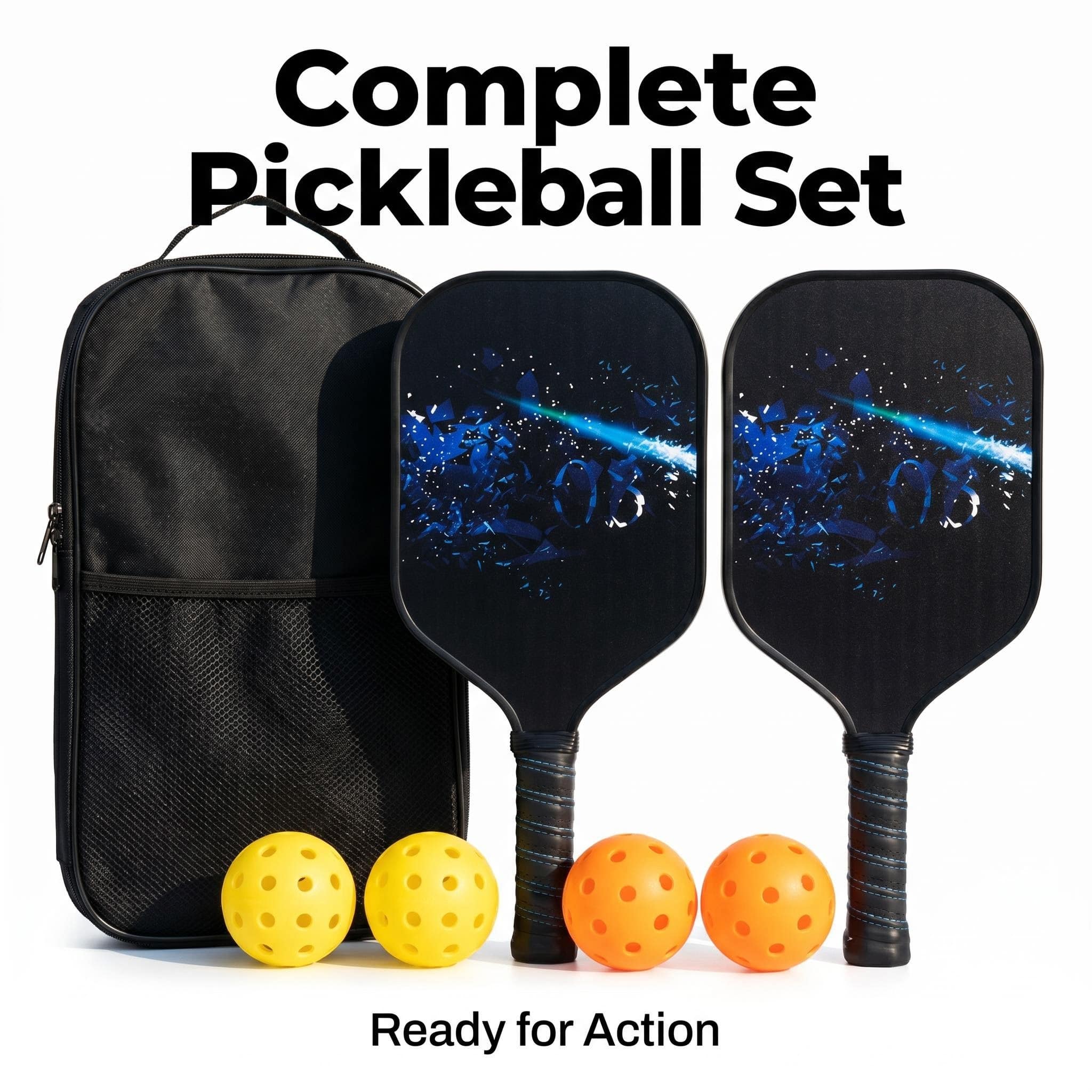 Complete pickleball set with 2 blue cosmic pattern paddles, 4 pickleballs and black carry bag