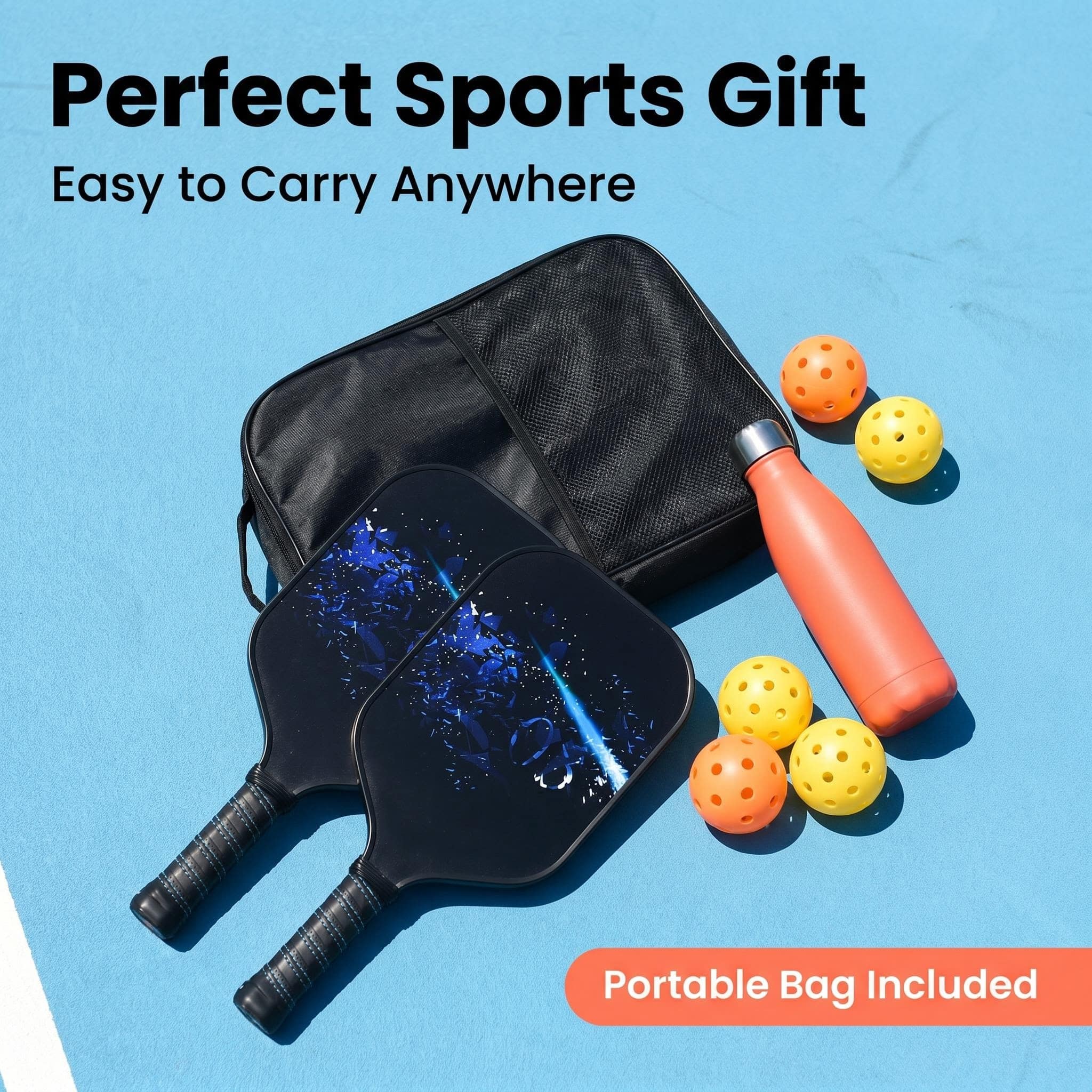 Portable pickleball set with two blue cosmic paddles, four balls, carry bag and water bottle on blue court surface