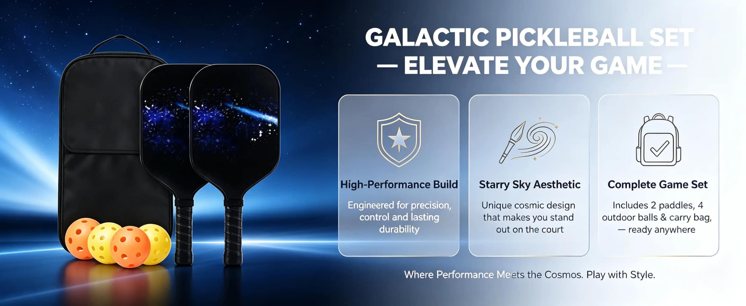 NorthwardGlow Galactic Pickleball Paddle Set with Starry Sky Design, 2 Fiberglass Paddles, 4 Outdoor Balls and Carry Bag for All Skill Levels