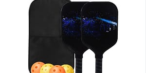 2pcs black carbon pickleball paddles with blue galaxy print, orange yellow pickle balls and black carry storage bag