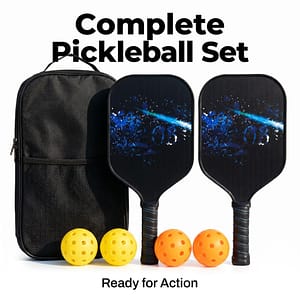 Complete pickleball set with 2 blue cosmic pattern paddles, 4 pickleballs and black carry bag