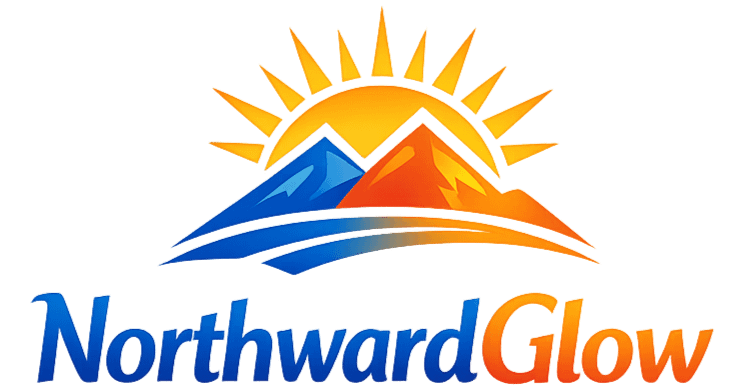 NorthwardGlow logo featuring stylized sun over blue-orange mountain range with gradient text