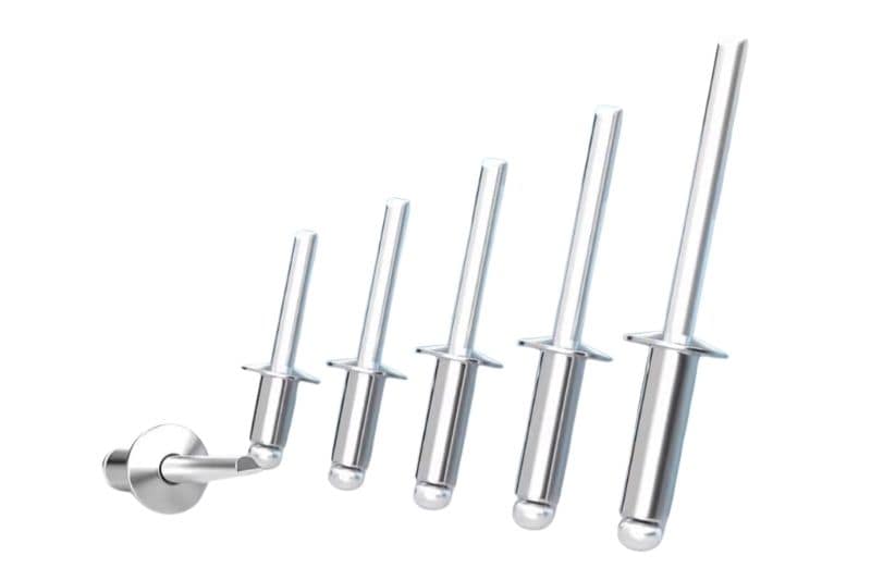 304 stainless steel open-type blind rivets in various sizes with installation cross-section view on white background