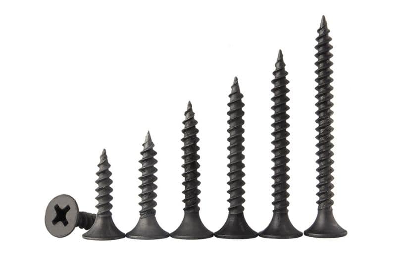 Black phosphate coated coarse thread Phillips bugle head drywall screws, showing tip, thread, and drive details