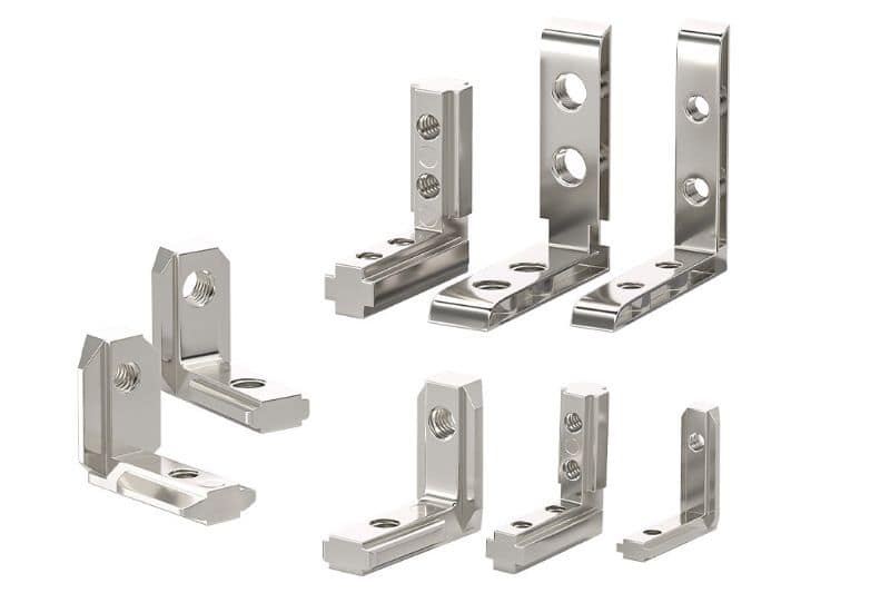 Multiple sizes of hidden internal corner groove connectors for T-slot aluminum extrusion profiles, nickel-plated finish