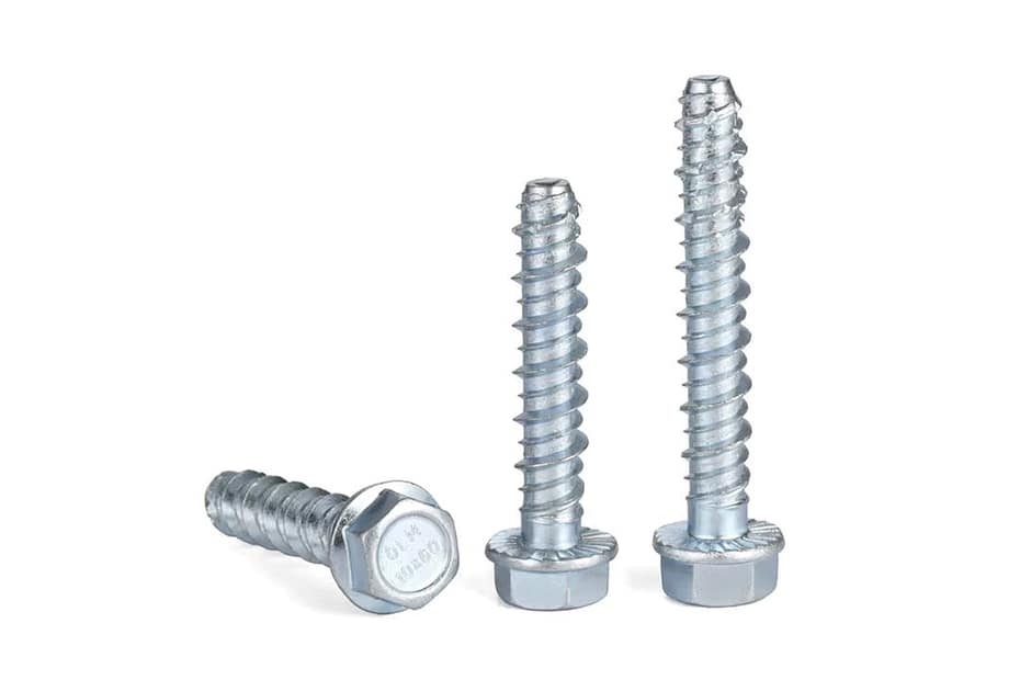 High-performance bi-metal hex flange concrete screws with Ruspert coating, made of SS316 body and SS420 cutting thread, showing different lengths for structural concrete installation