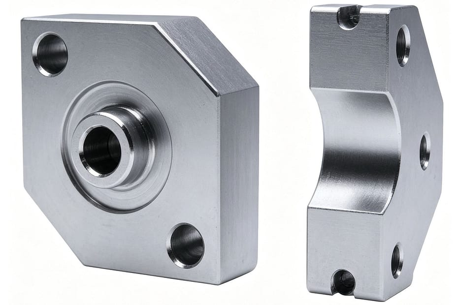 CNC machined aluminum octagonal flange bracket precision parts by DISLAB PRECISION, featuring tight tolerance mounting holes, central bore, chamfered edges and smooth brushed surface finish.