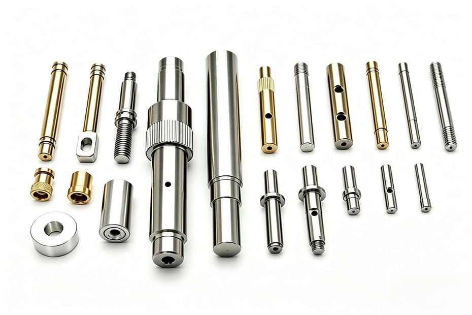 White background product photo of CNC precision metal shaft parts